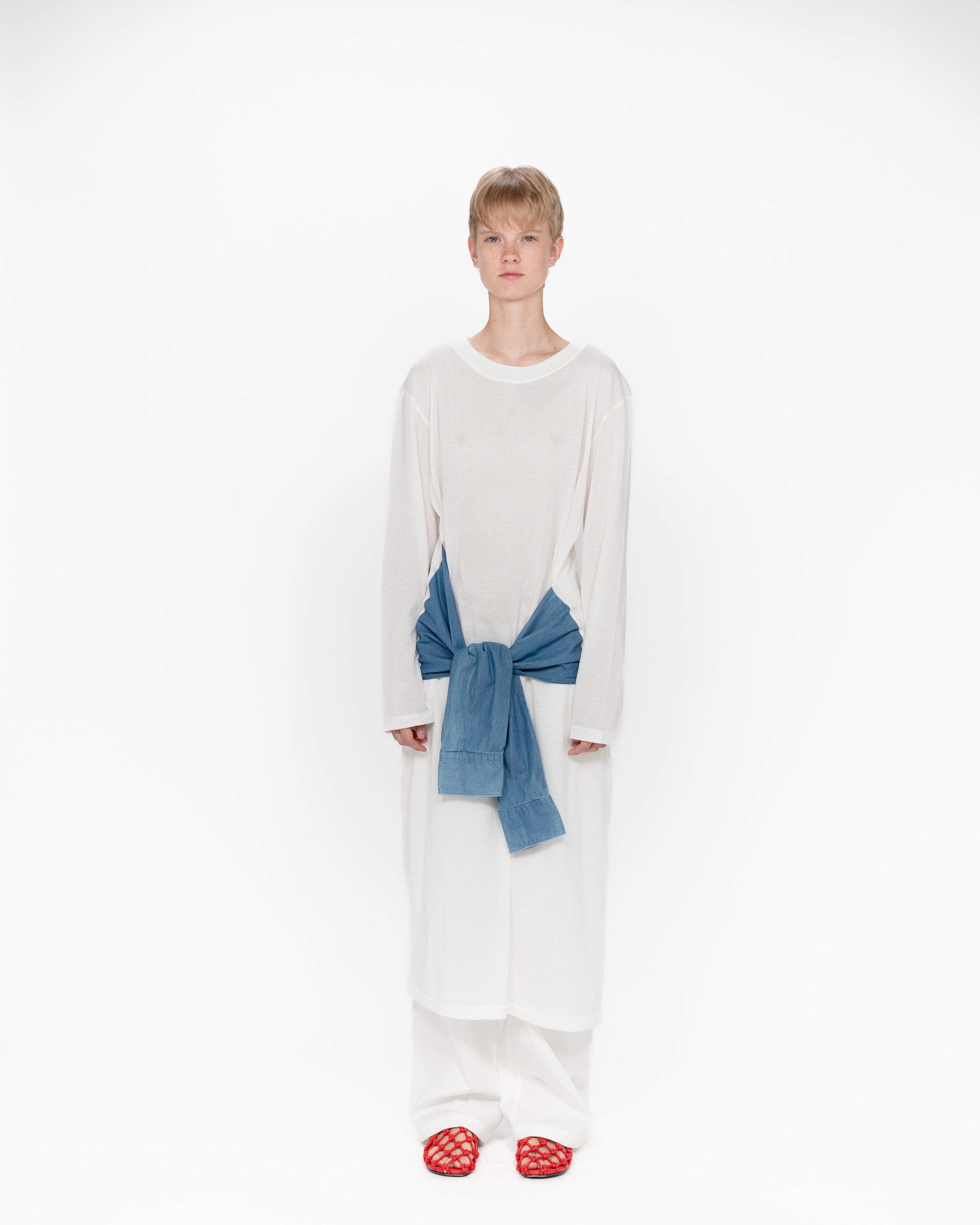 White Denim Sleeve Tie Dress